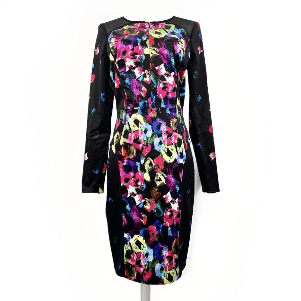 Milly Sheath Dress 8 Long Sleeve Black Colorful Abstract Artsy Bodycon USA Y2K